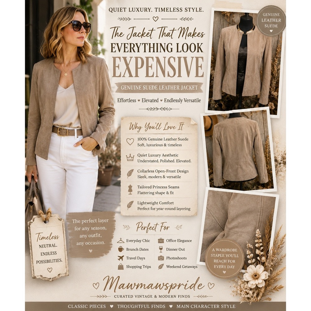 Vintage Y2K Retro Taupe Suede Leather Jacket Quiet Luxury Old Money Minimalist M